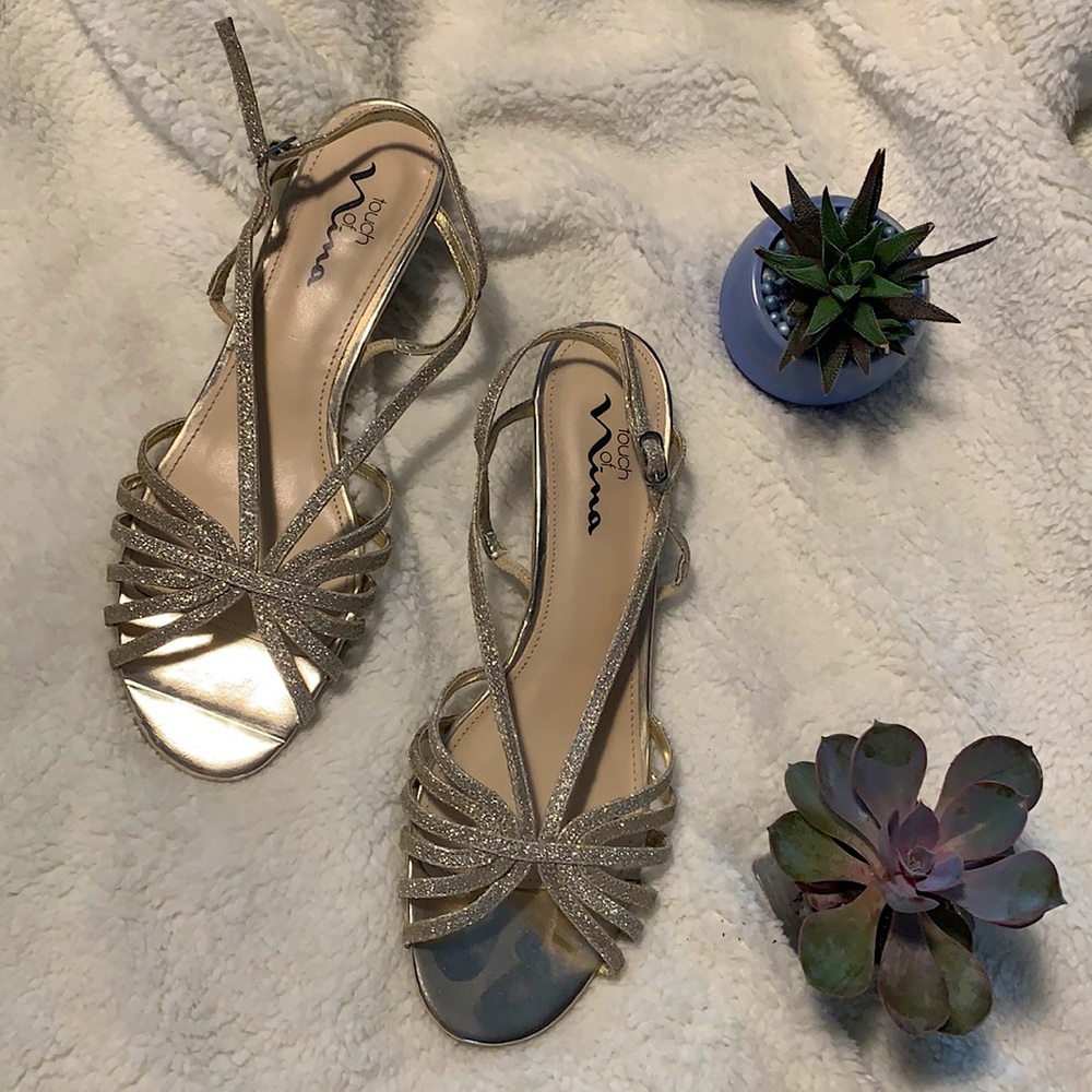 Strappy gold sandals 9 1/2 with small clear heel